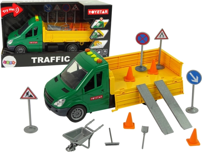 Samochód ciężarowy wywrotka drogowa z napędem ciernym i akcesoriami drogowymi