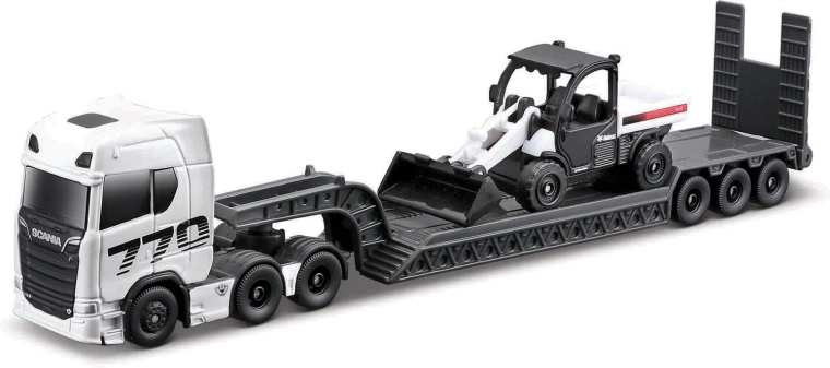 Zestaw mini maszyn roboczych Maisto z dużym ciągnikiem siodłowym Scania 770S, Toolcat 5600 i łyżką