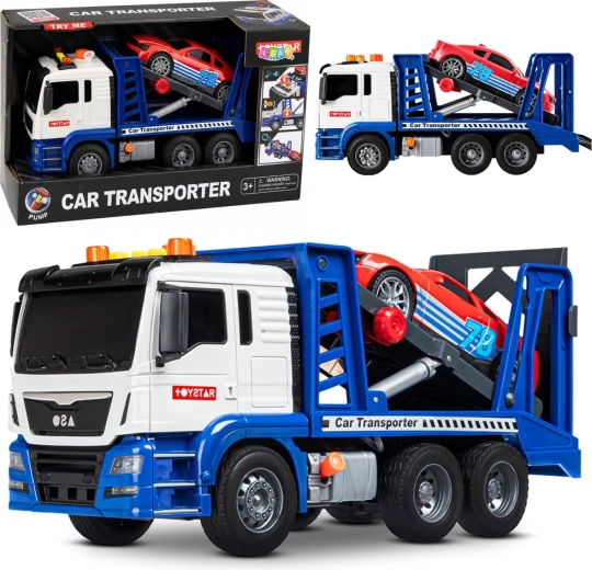 Zabawkowy autotransporter (laweta) z samochodem sportowym, światła i dźwięki, niebiesko-biały - 1 sztuka