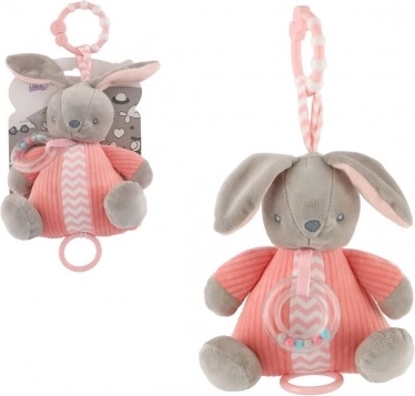 Pluszowy króliczek z nakręcaną pozytywką i grzechotką, różowy (18 × 20 cm)