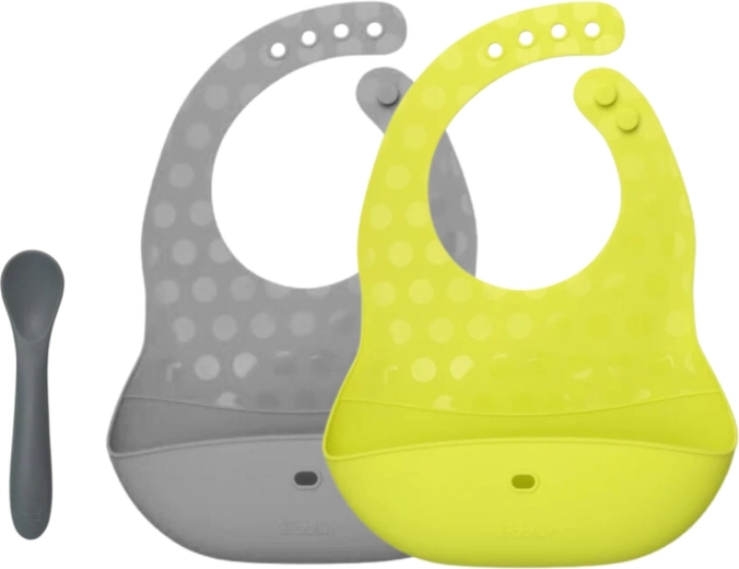 Bblüv Pöket zestaw silikonowych śliniaków i łyżeczki lime/grey