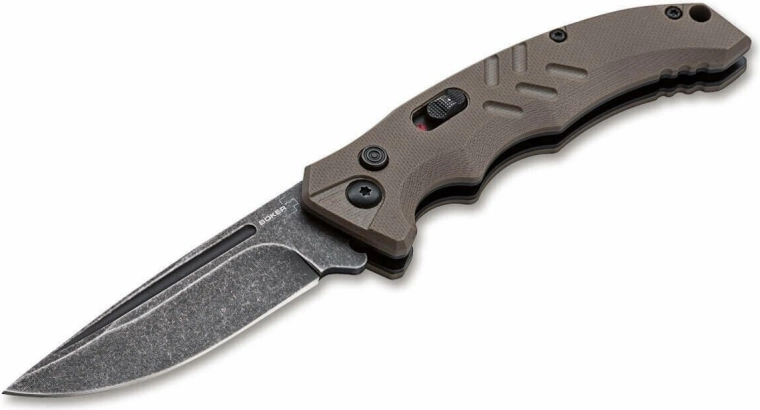 Automatyczny taktyczny nóż Böker Plus Intention II Coyote, D2, stonewash, G10