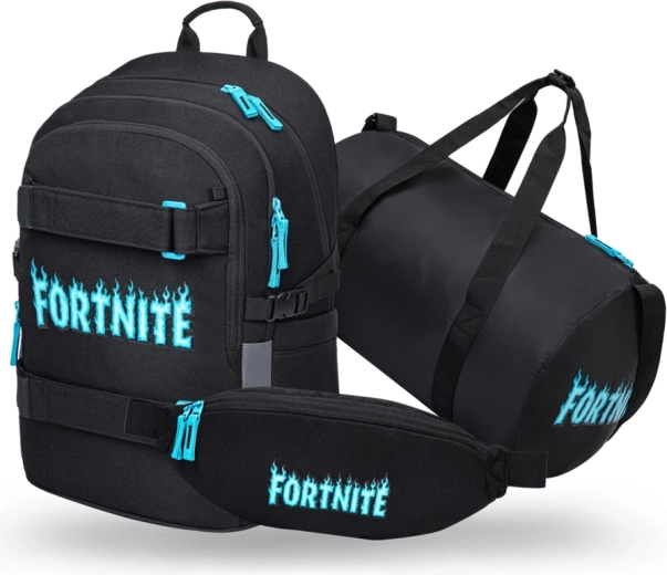 Zestaw Baagl Fortnite blue – plecak szkolny Skate, torba sportowa Hoop i nerka Snap