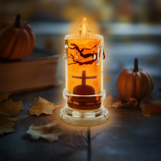 Halloweenowa świeczka LED z motywem nagrobka - 1 sztuka