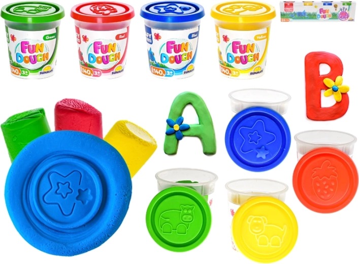 Kreatywna masa plastyczna w kubeczkach 4×140 g z szablonami w pokrywkach