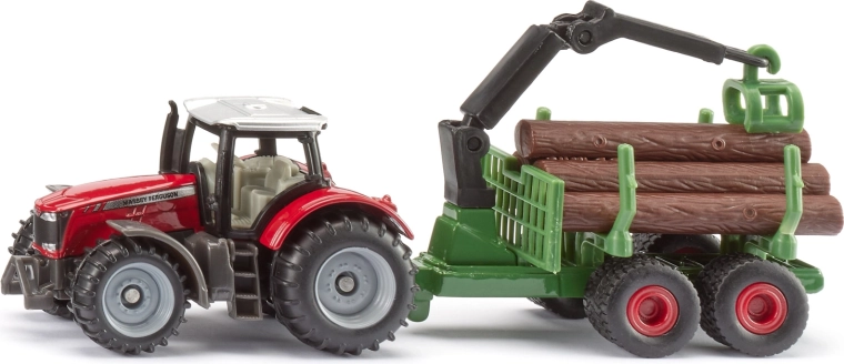Siku traktor Massey Ferguson z przyczepą leśną i kłodami