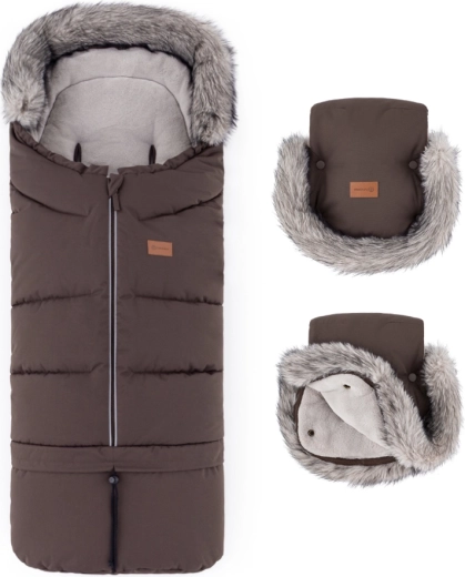 PETITE&MARS zestaw: zimowy śpiworek Arctic 4w1 + rękawice do wózka Furry rich brown