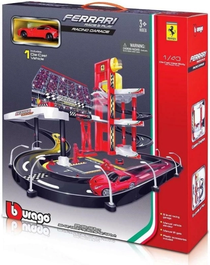 Bburago Ferrari Race+Play garaż z torem wyścigowym i samochodzikiem 1:43