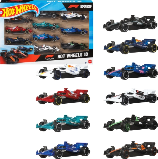 Hot Wheels zestaw 10 bolidów Formuły 1 2025 w skali 1:64 - 10 szt.
