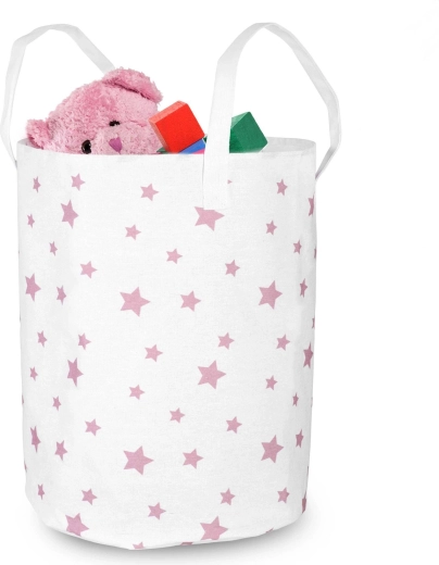Tekstylny kosz na zabawki Nukido biały z różowymi gwiazdkami