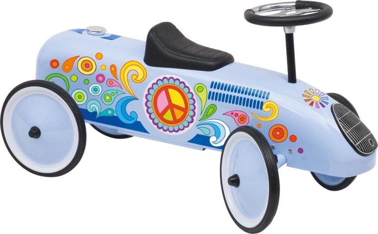 niebieski wyścigowy jeździk w stylu lat 60.