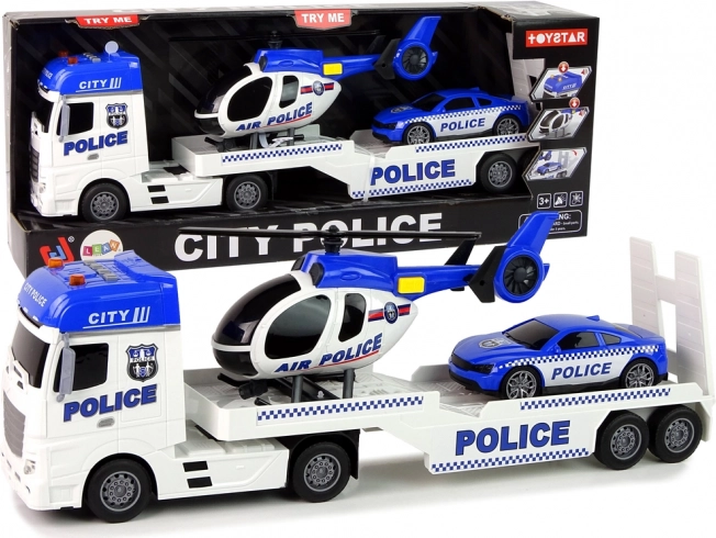 Policyjny zestaw - ciężarówka, samochód i helikopter z efektami świetlnymi i dźwiękowymi