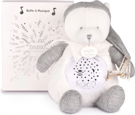 Doudou et Compagnie muzyczna lampka nocna z projekcją gwiazd miś szary – zestaw prezentowy