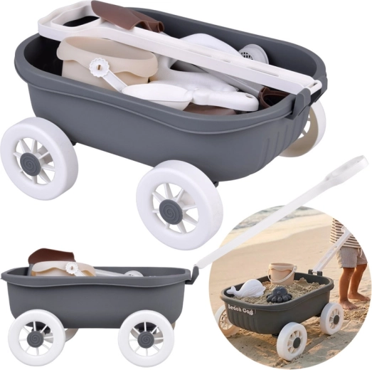 Elegancki zestaw do piasku z wózkiem, wiaderkiem i foremkami – 16 elementów