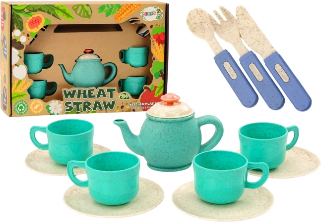 Zestaw naczyń z filiżankami, talerzykami, sztućcami i dzbankiem 22 szt.