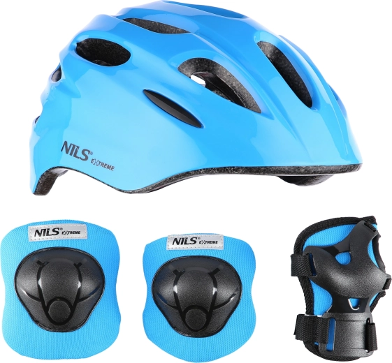 Kask dziecięcy i ochraniacze NILS Extreme, niebieskie – ROZMIAR XS