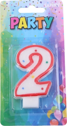 Świeczka imprezowa cyfra 2 na tort – biała z czerwonym brzegiem i kropkami