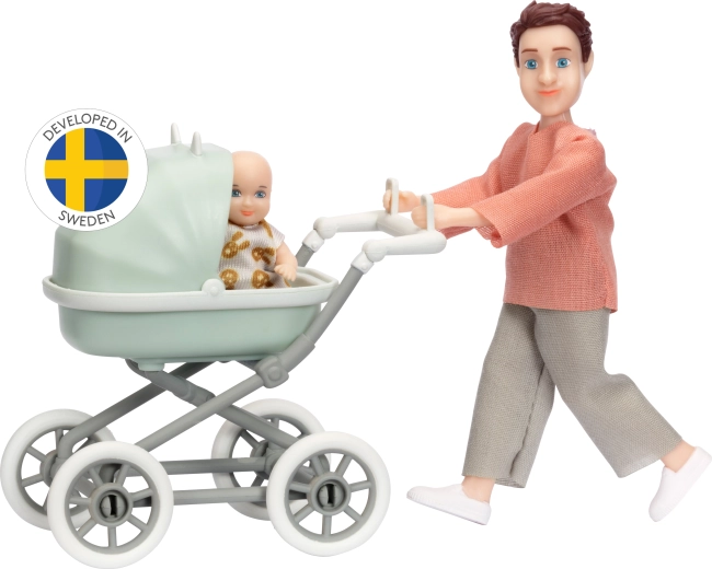 Lundby zestaw: tata z niemowlęciem i wózkiem