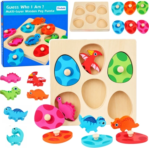 Drewniane edukacyjne puzzle dinozaury z uchwytami