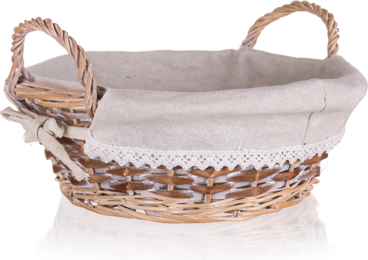 Okrągły koszyk wiklinowy Duo z uchwytami 30 × 11 cm, brązowo-biały, koronkowe wykończenie