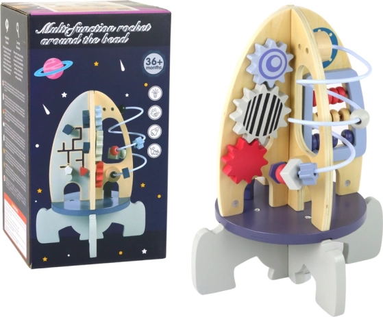 Drewniana edukacyjna rakieta z koralikowym labiryntem i kołami zębatymi