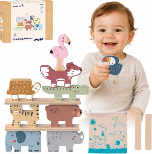 Drewniana gra zręcznościowa ze zwierzątkami TOOKY TOY, 13 elementów