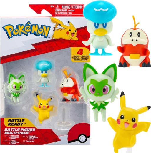 Outletowy zestaw Pokémon Battle z 4 figurkami Pikachu, Krokorok, Sprigatito i Quaxly 5 cm – 4 szt.