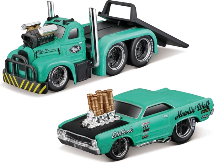 Maisto Muscle transports Mack B-61 flatbed z Dodge Dart HEMI gasser 1:64