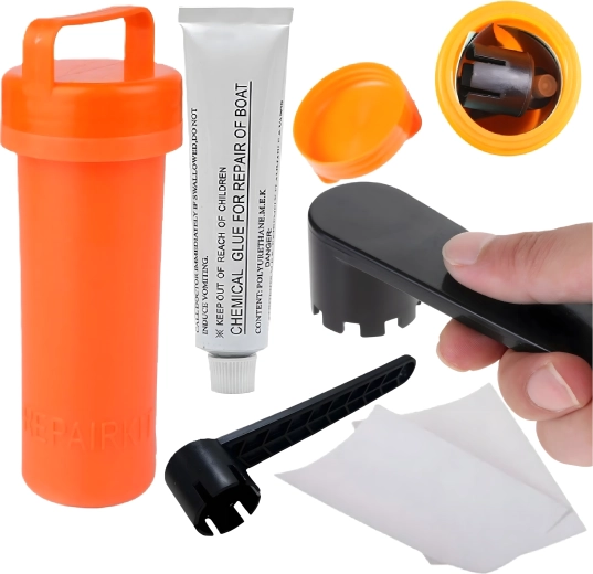 Zestaw naprawczy do SUP, kajaków i dmuchanych łodzi z klejem, łatkami i kluczem do zaworu