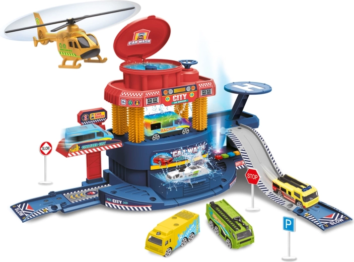 Duży zestaw garażowy 32 szt. z autem zmieniającym kolor i samolotem