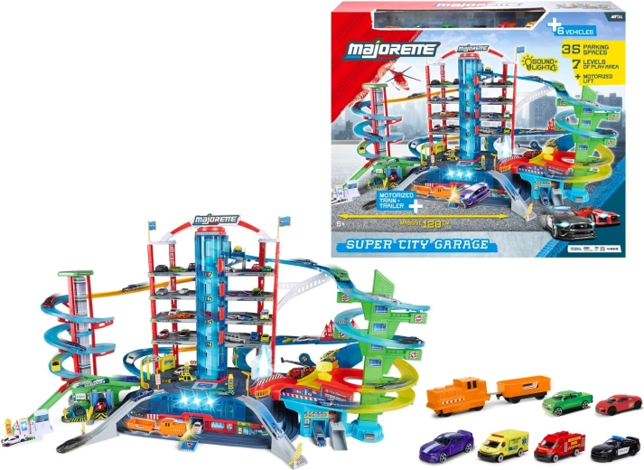 Majorette Super City Garage – siedmiopiętrowy garaż z 6 samochodzikami i pociągiem