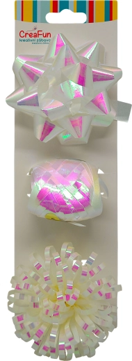 Zestaw upominkowy biały z tęczowym połyskiem – wstążka 10 m i 2 kokardy