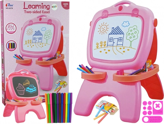 Dwustronna tablica magnetyczna i kredowa – różowa z szablonami