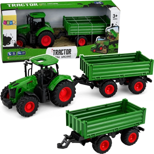 Zielony traktor rolniczy z przyczepą 1:24 z gumowymi kołami