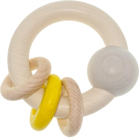 Hess drewniana grzechotka z kuleczką i kółeczkami żółta