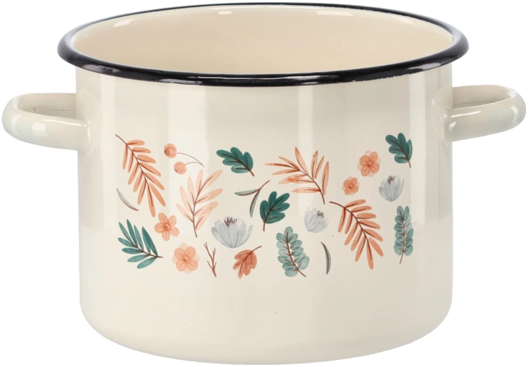 Emaliowany garnek 4,5 l, 20 cm, kremowy z motywem liści