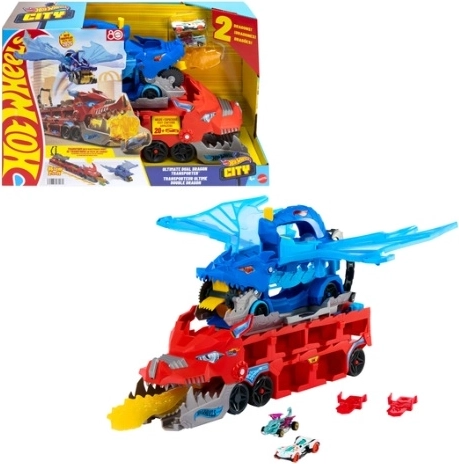Hot Wheels City podwójny smoczy transporter z torem wyścigowym i 2 samochodzikami