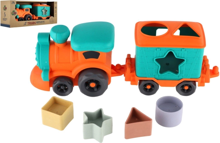 Dziecięca lokomotywa z wagonikiem z bioplastiku – układanka, swobodny bieg
