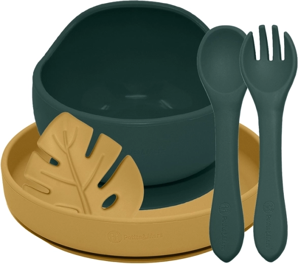 Silikonowy zestaw do jedzenia PETITE&MARS TAKE&MATCH, 4 szt., Misty Green / Intense Ochre, od 6 miesięcy