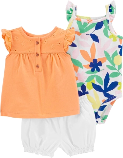 Carter's trzyelementowy zestaw dla dziewczynki Orange Flower (body, koszulka i spodenki) 9 m