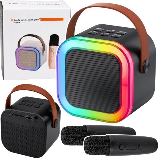 Bezprzewodowy zestaw karaoke K12 – głośnik Bluetooth z dwoma mikrofonami i światłami LED (czarny)