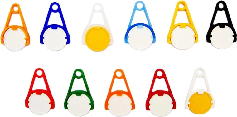 Brelok do kluczy z żetonem do wózka sklepowego – mix kolorów, 5 szt.