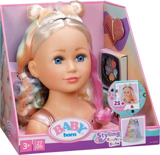 Baby Born głowa do czesania tęczowa blondynka z zestawem do stylizacji