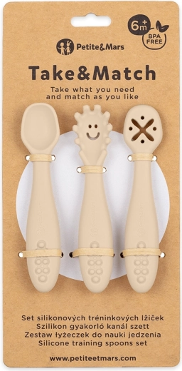 Petite&Mars zestaw 3 silikonowych łyżeczek treningowych Take&Match desert sand 6m+