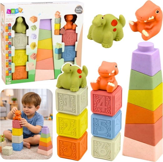 Miękkie sensomotoryczne gumowe klocki i piramida z dinozaurami, 14 szt.