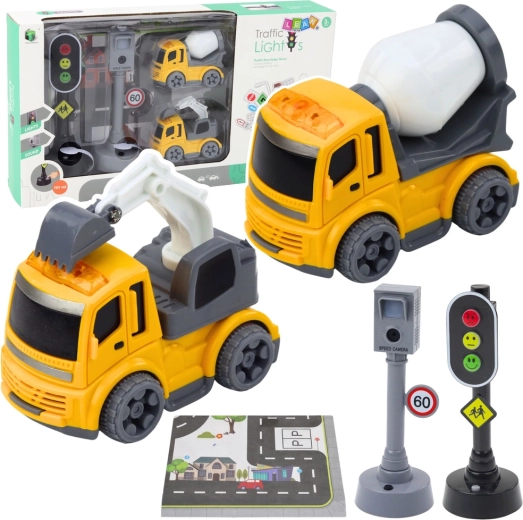 Zestaw dla dzieci: sygnalizator świetlny z fotoradarem, mata do zabawy i pojazdy budowlane ze światłami i dźwiękami
