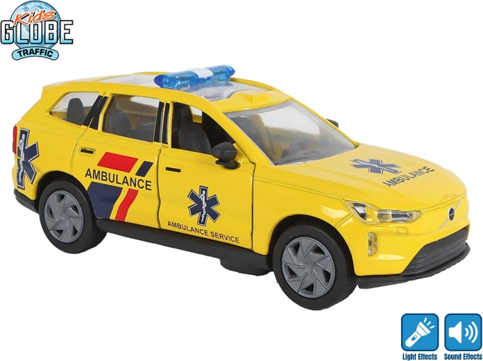 Kids Globe Traffic metalowy ambulans Volvo EX90 z napędem pull-back, światłem i dźwiękiem 13,5 cm
