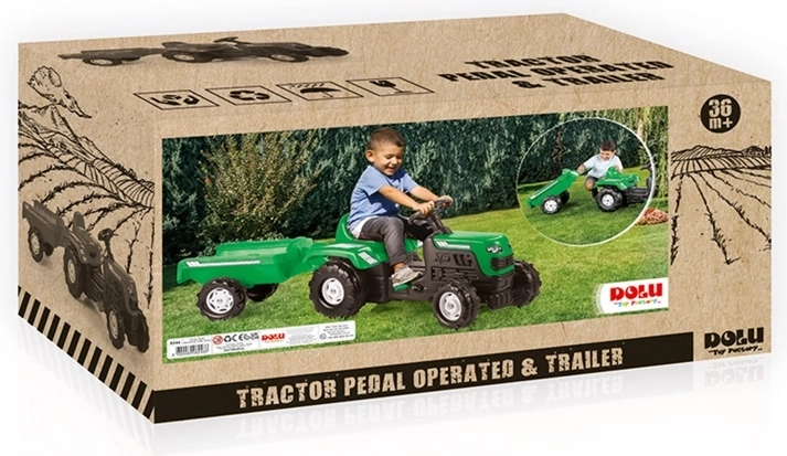 Dolu traktor na pedały z przyczepą zielony