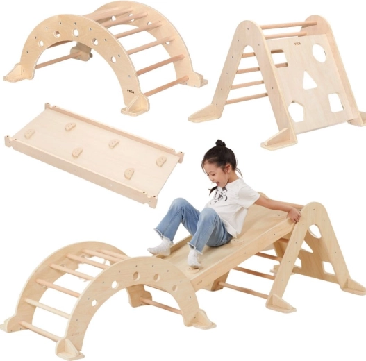 VIGA Montessori domowy plac zabaw 3w1: trójkąt Piklera, huśtawka i dwustronna zjeżdżalnia