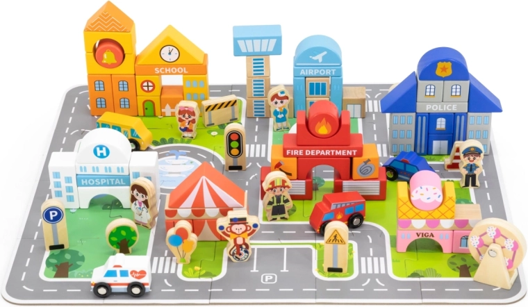 Viga drewniane puzzle i klocki Miasto 100 elementów